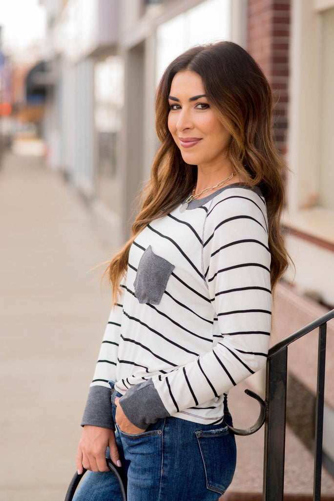 Striped Solid Trim Pocket Tee - Betsey's Boutique Shop -