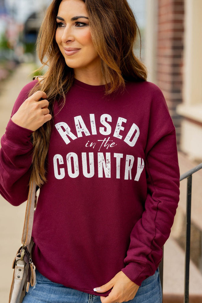 Raised In The Country Cursive Graphic Crewneck - Betsey's Boutique Shop -