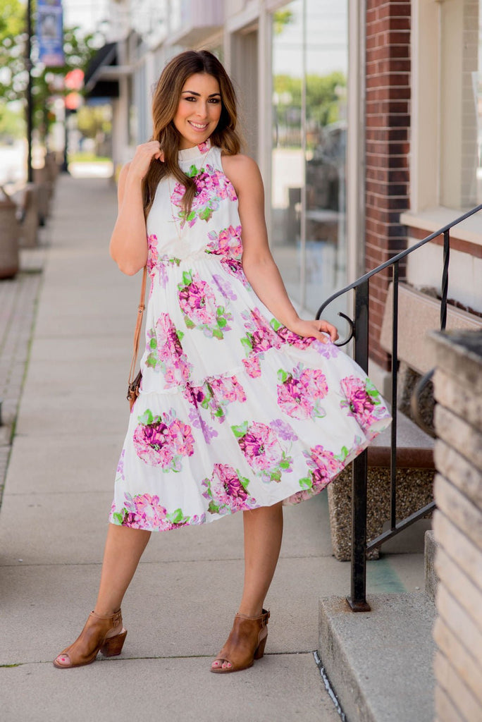 Bouquets Cinched Midi Dress - Betsey's Boutique Shop -