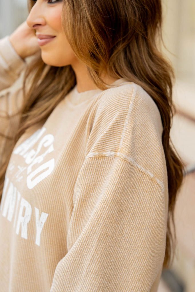 Raised In The Country Lightly Ribbed Graphic Crewneck - Betsey's Boutique Shop -