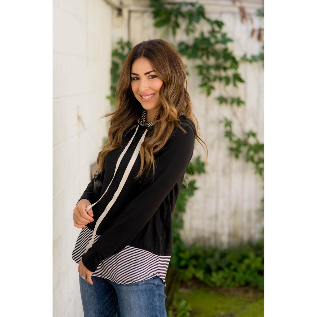 Faux Layered Stripe Lined Hoodie - Betsey's Boutique Shop - Shirts & Tops