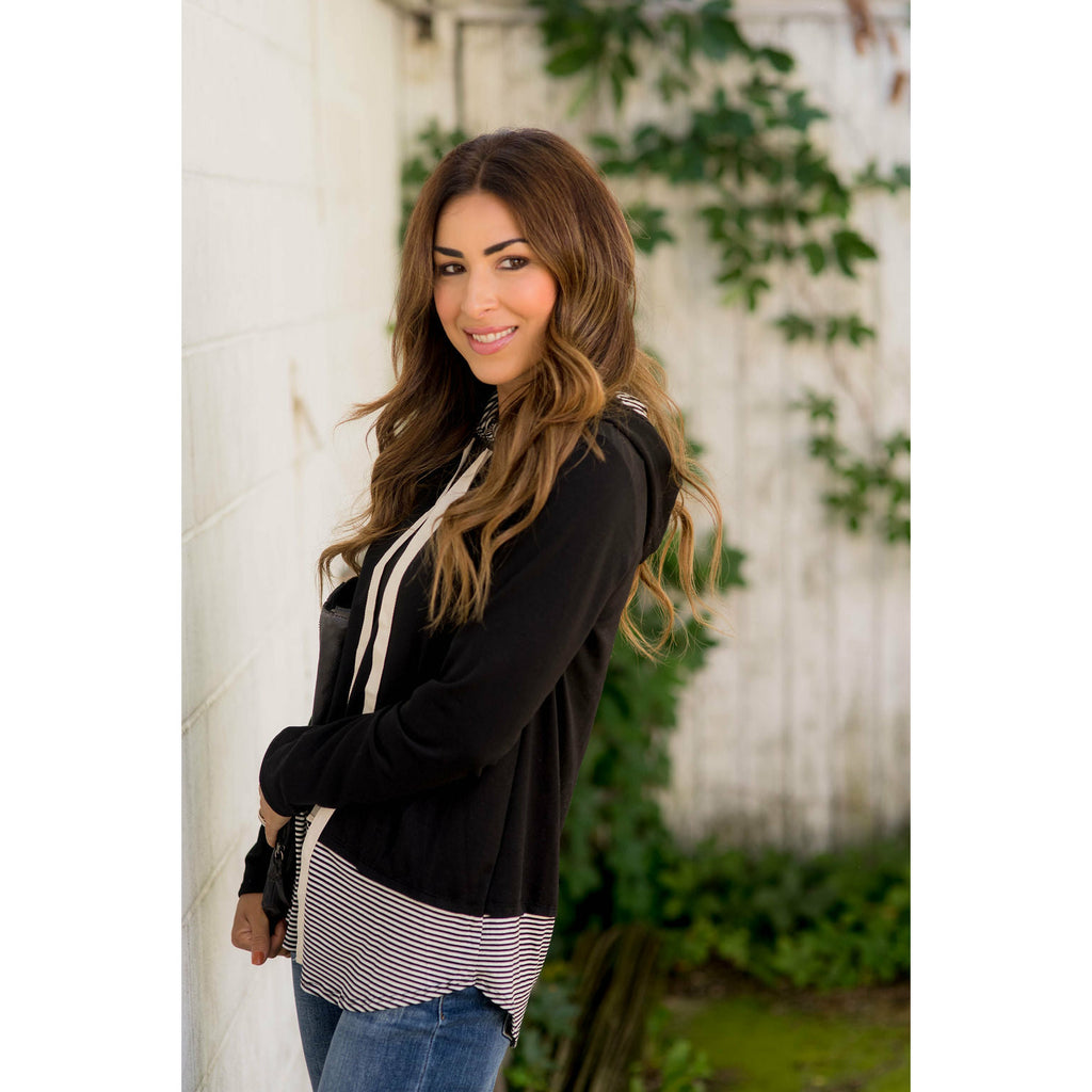 Faux Layered Stripe Lined Hoodie - Betsey's Boutique Shop - Shirts & Tops