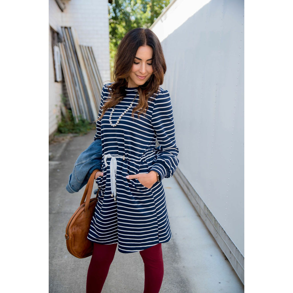 Stripe Tie Waist Pocket Sweatshirt Dress - Betsey's Boutique Shop - Dresses