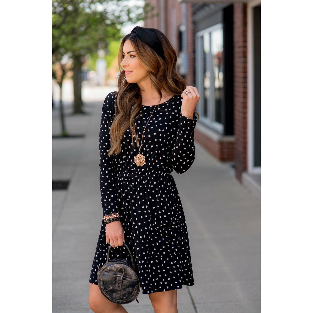 Dotted Pocket Long Sleeve Dress - Betsey's Boutique Shop