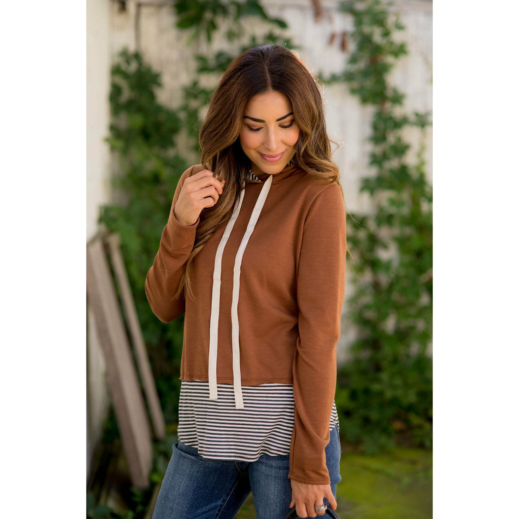 Faux Layered Stripe Lined Hoodie - Betsey's Boutique Shop - Shirts & Tops