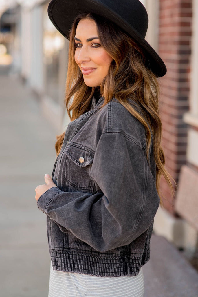 Acid Wash Denim Bomber Jacket - Betsey's Boutique Shop