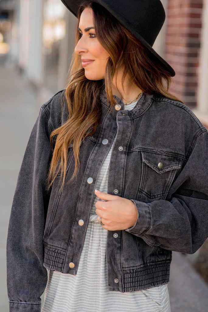 Acid Wash Denim Bomber Jacket - Betsey's Boutique Shop