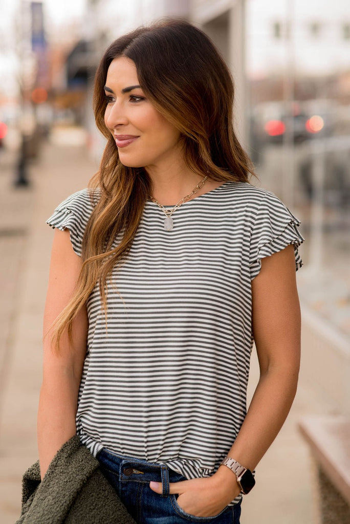 Striped Double Flutter Sleeve Tee - Betsey's Boutique Shop -