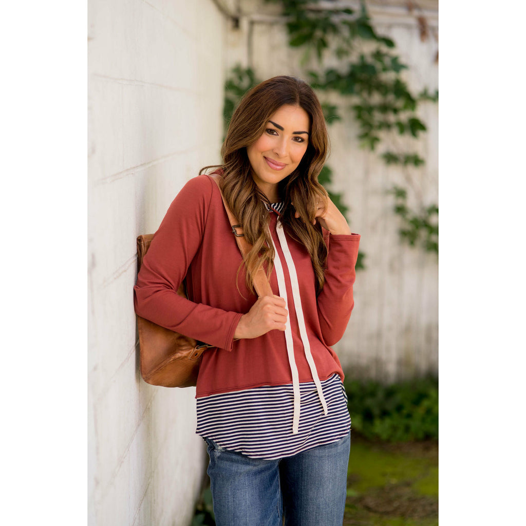 Faux Layered Stripe Lined Hoodie - Betsey's Boutique Shop