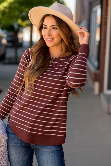 Solid Trim Striped Sweater Tee - Betsey's Boutique Shop -