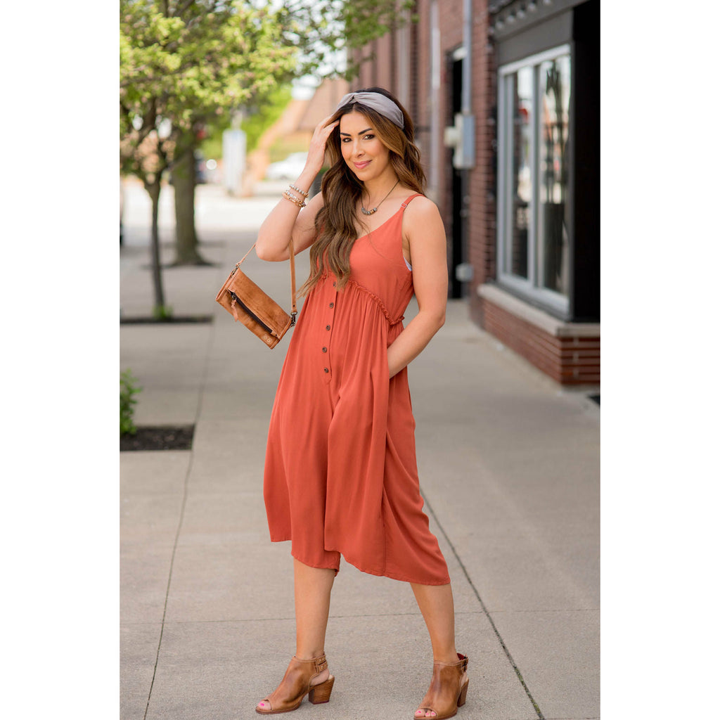 Button Up Thin Strapped Jumpsuit - Betsey's Boutique Shop