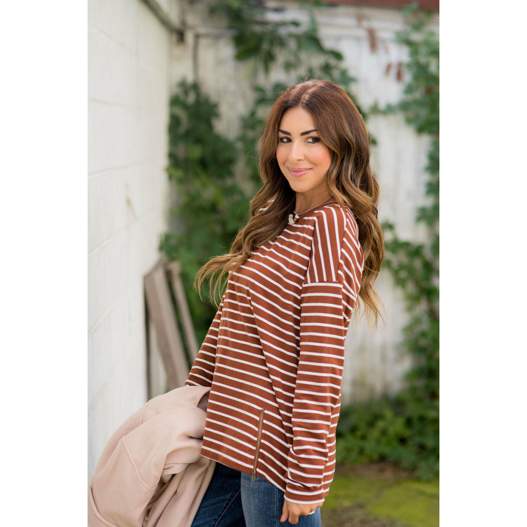 Mixed Stripe Zipper Bottom Sweatshirt - Betsey's Boutique Shop