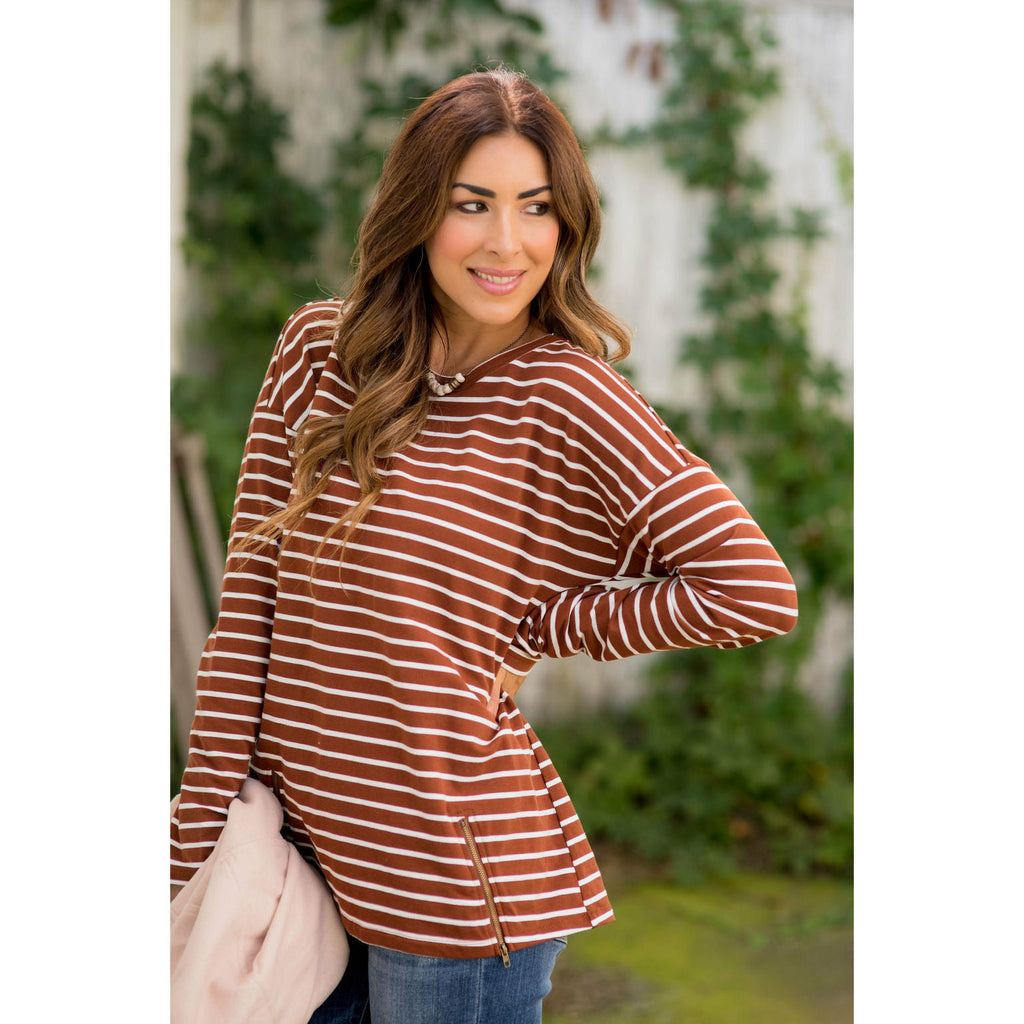 Mixed Stripe Zipper Bottom Sweatshirt - Betsey's Boutique Shop