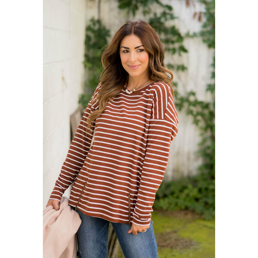 Mixed Stripe Zipper Bottom Sweatshirt - Betsey's Boutique Shop