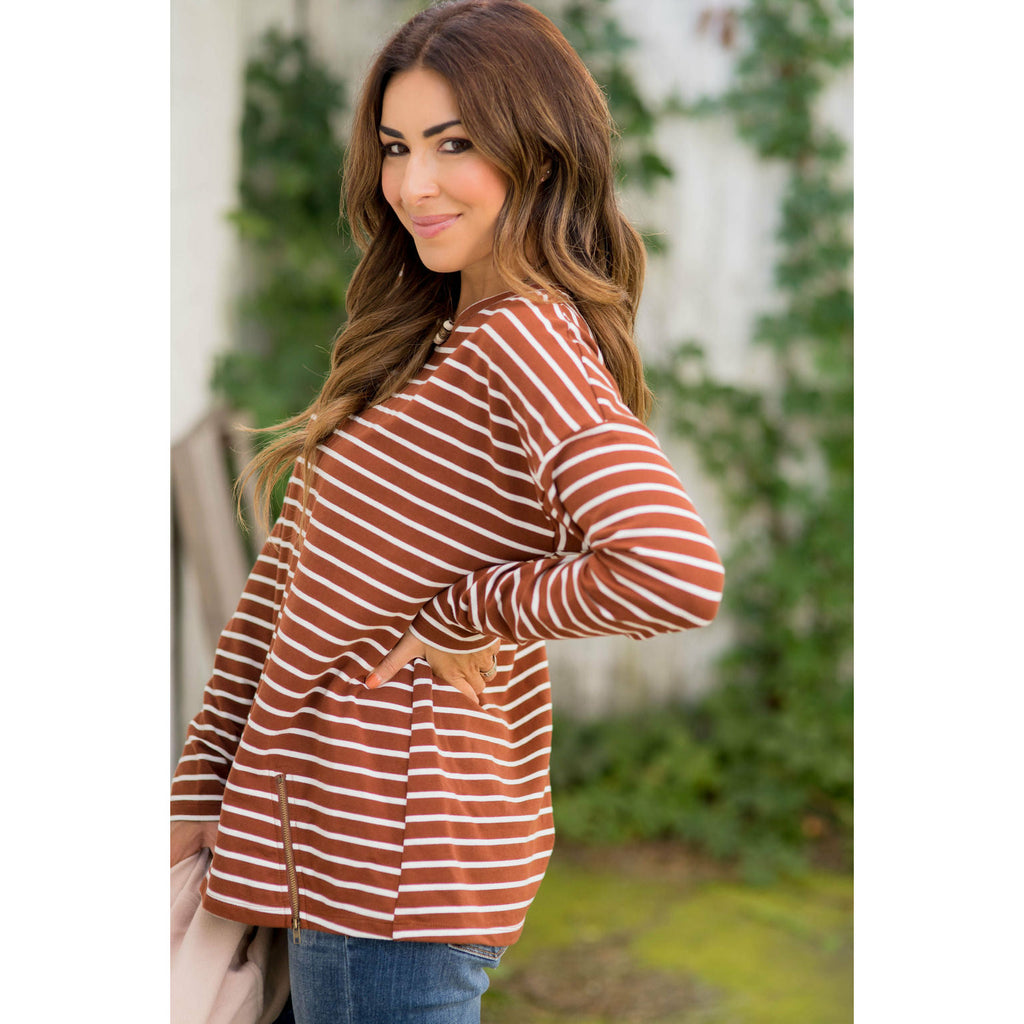 Mixed Stripe Zipper Bottom Sweatshirt - Betsey's Boutique Shop