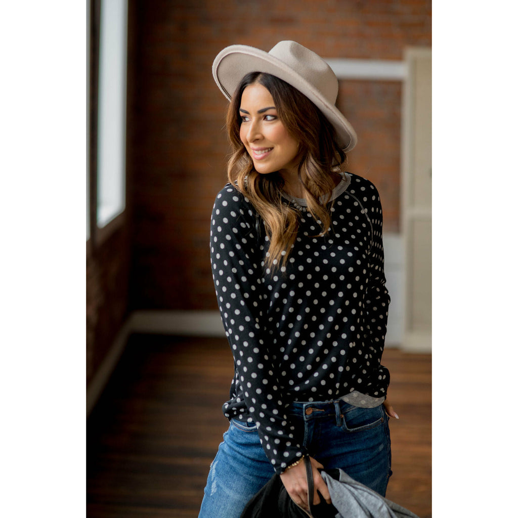 Solid Trimmed Long Sleeve Polka Dot Tee - Betsey's Boutique Shop - Shirts & Tops