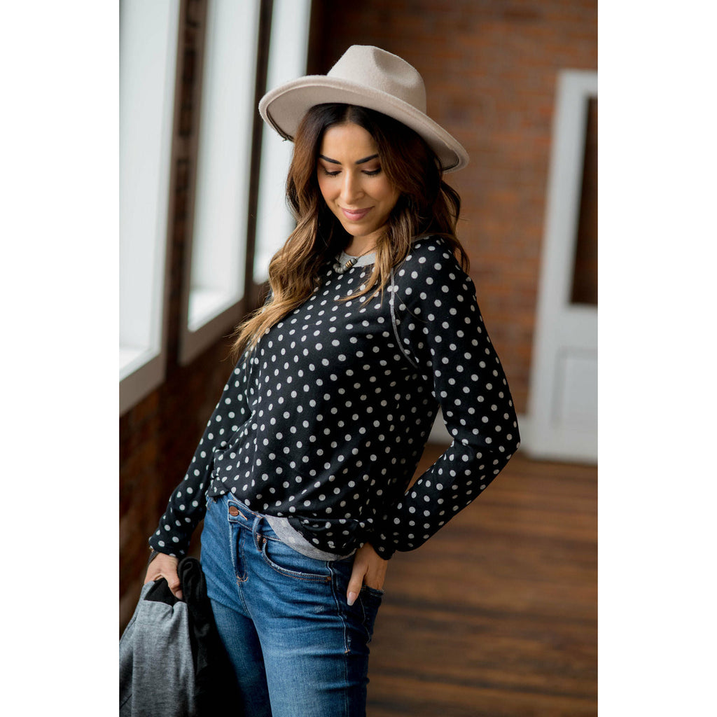 Solid Trimmed Long Sleeve Polka Dot Tee - Betsey's Boutique Shop - Shirts & Tops