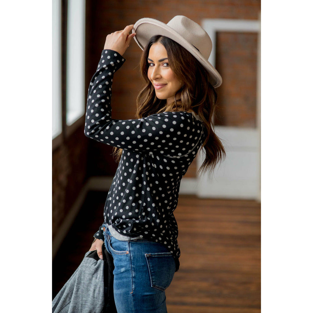 Solid Trimmed Long Sleeve Polka Dot Tee - Betsey's Boutique Shop - Shirts & Tops