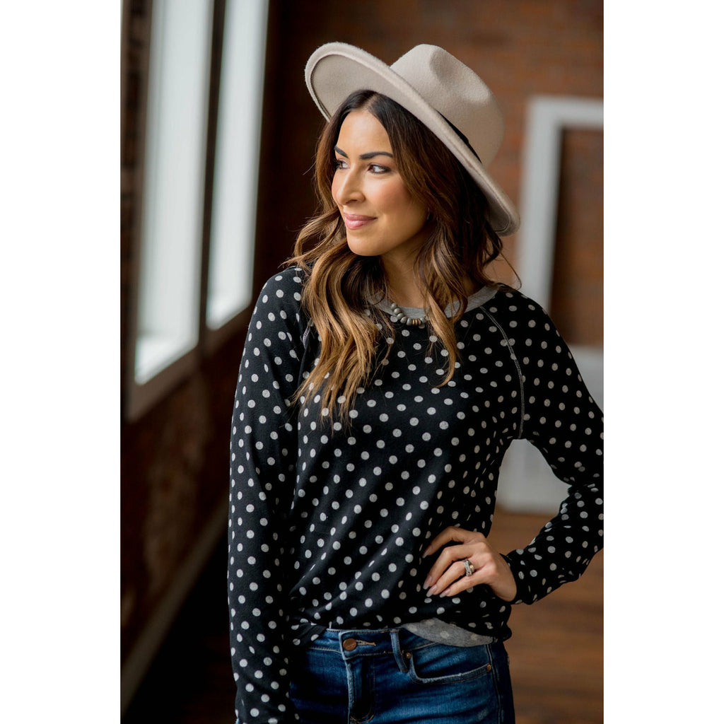 Solid Trimmed Long Sleeve Polka Dot Tee - Betsey's Boutique Shop - Shirts & Tops