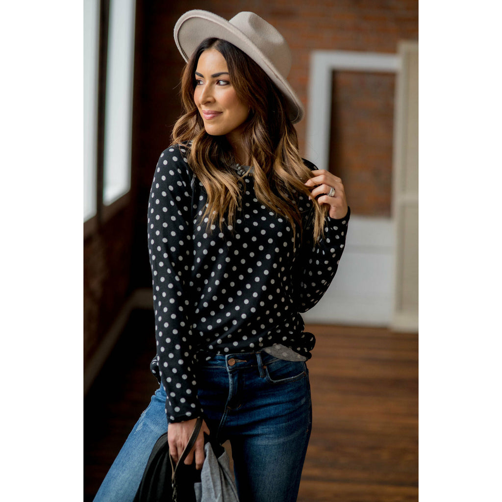 Solid Trimmed Long Sleeve Polka Dot Tee - Betsey's Boutique Shop - Shirts & Tops