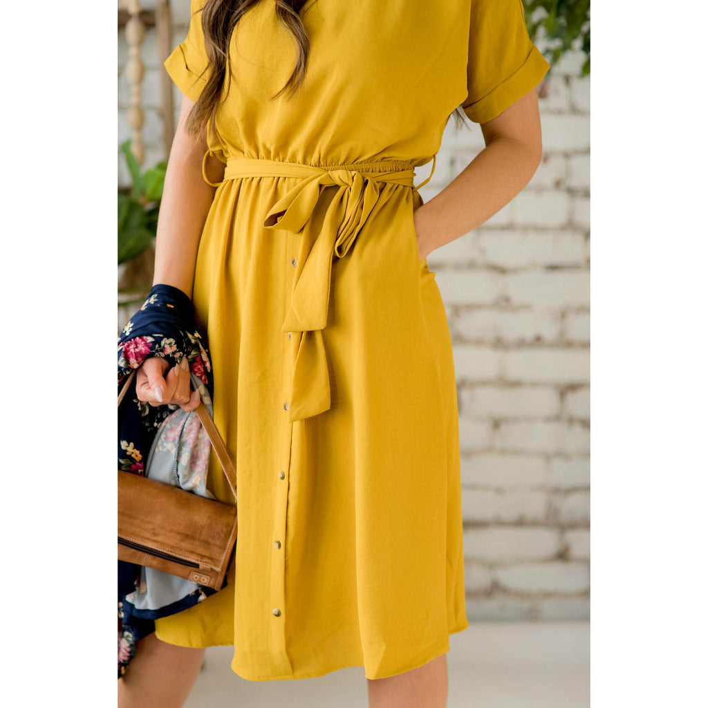 Cuffed Sleeve Tie Button Dress - Betsey's Boutique Shop