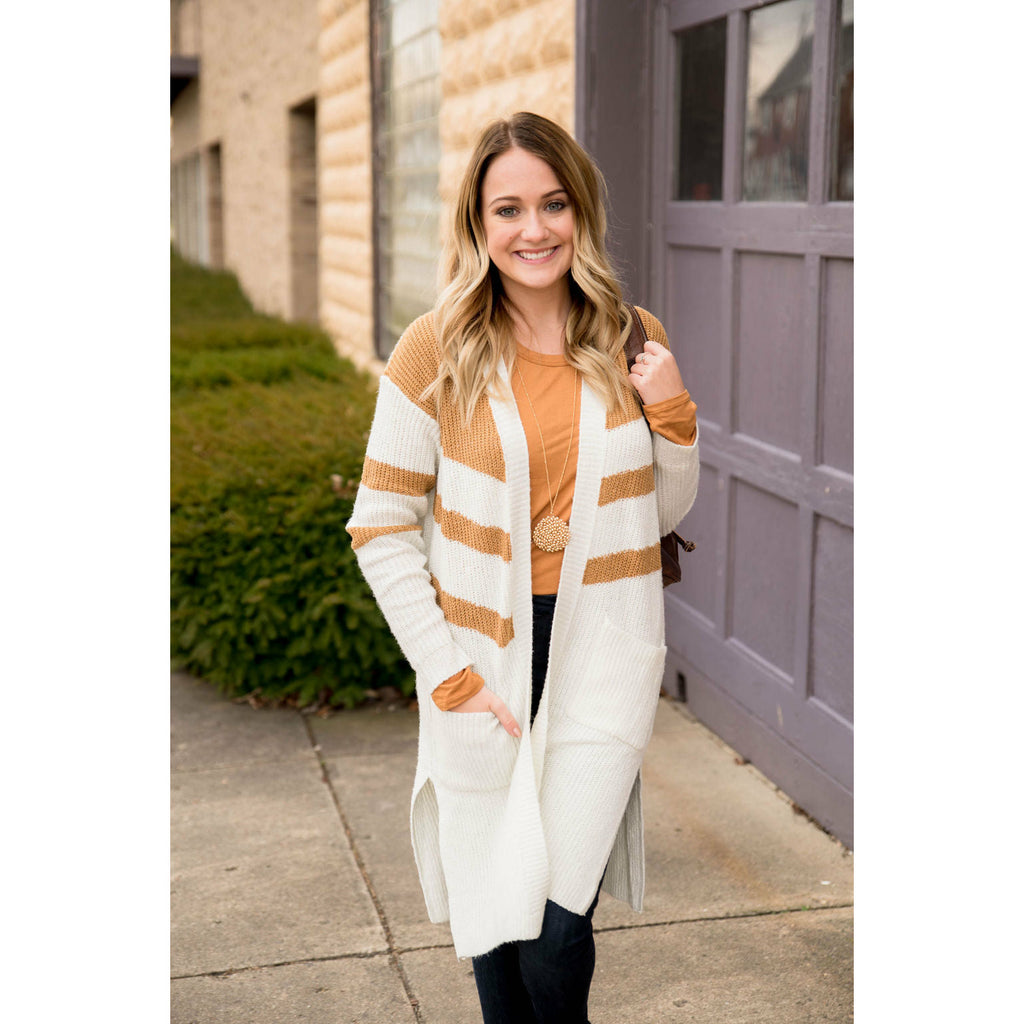 Striped Accent Knit Tunic Cardigan - Betsey's Boutique Shop