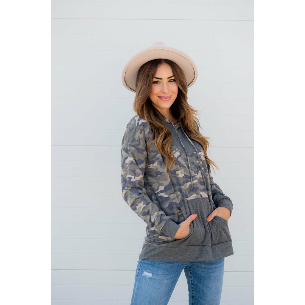 Camo Printed Solid Accented Hoodie - Betsey's Boutique Shop