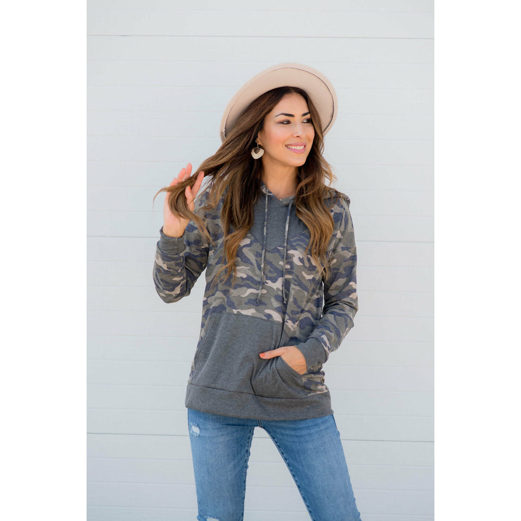 Camo Printed Solid Accented Hoodie - Betsey's Boutique Shop