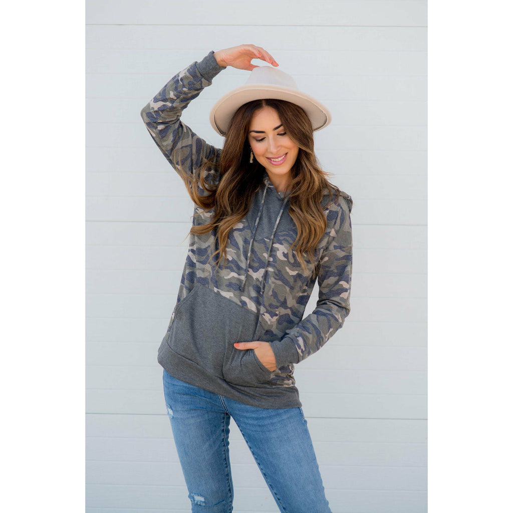 Camo Printed Solid Accented Hoodie - Betsey's Boutique Shop