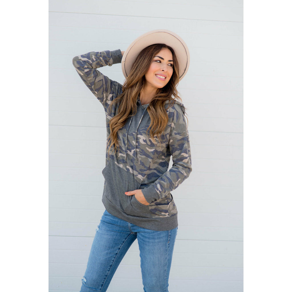 Camo Printed Solid Accented Hoodie - Betsey's Boutique Shop