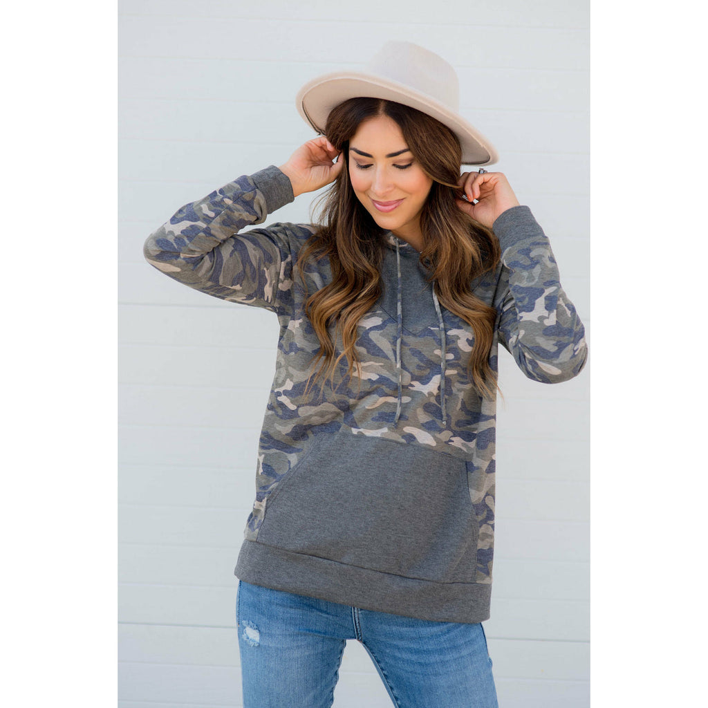 Camo Printed Solid Accented Hoodie - Betsey's Boutique Shop