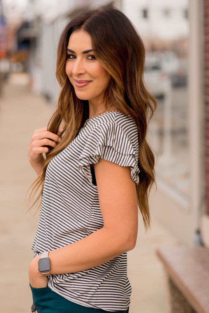 Striped Double Flutter Sleeve Tee - Betsey's Boutique Shop -