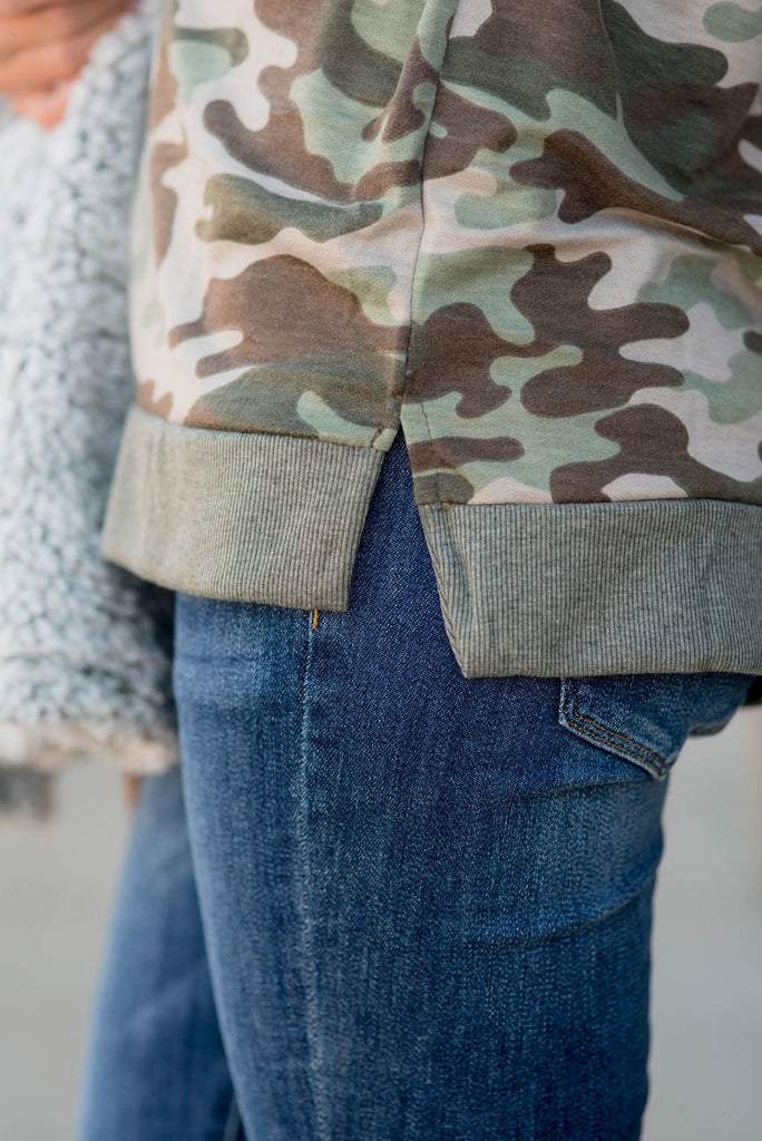 Camo Raw Stitched Accented Sweatshirt - Betsey's Boutique Shop