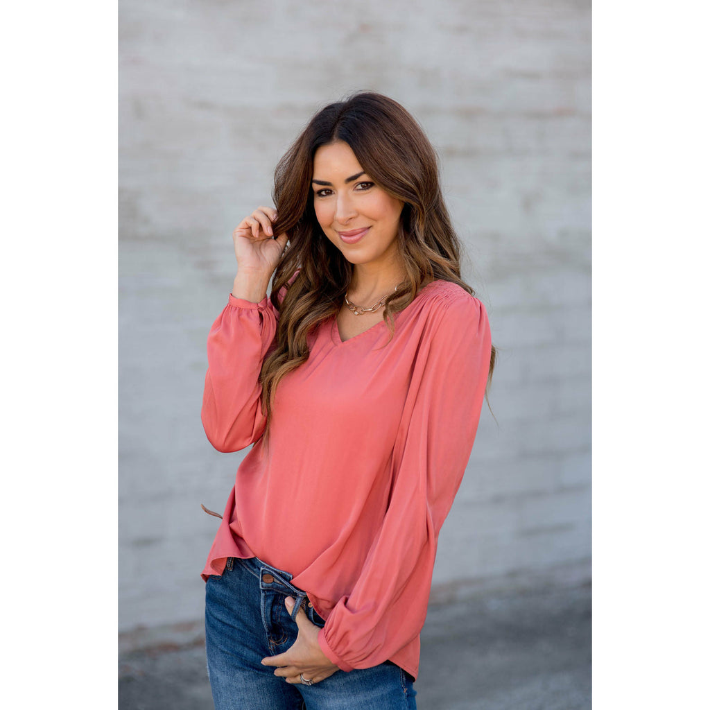 Classy Ruche Shoulder Button Sleeve Blouse - Betsey's Boutique Shop - Shirts & Tops