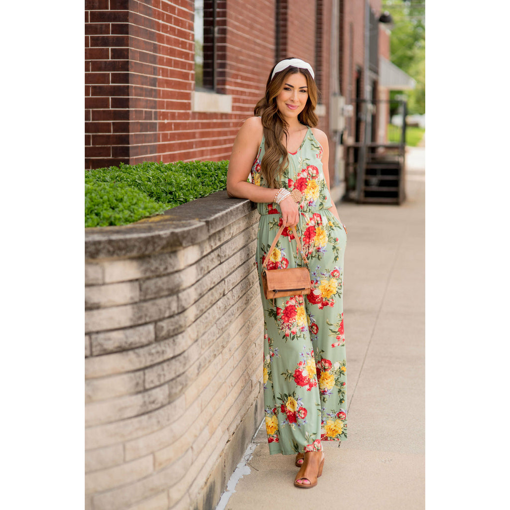 Floral Tie Waist Jumpsuit - Betsey's Boutique Shop