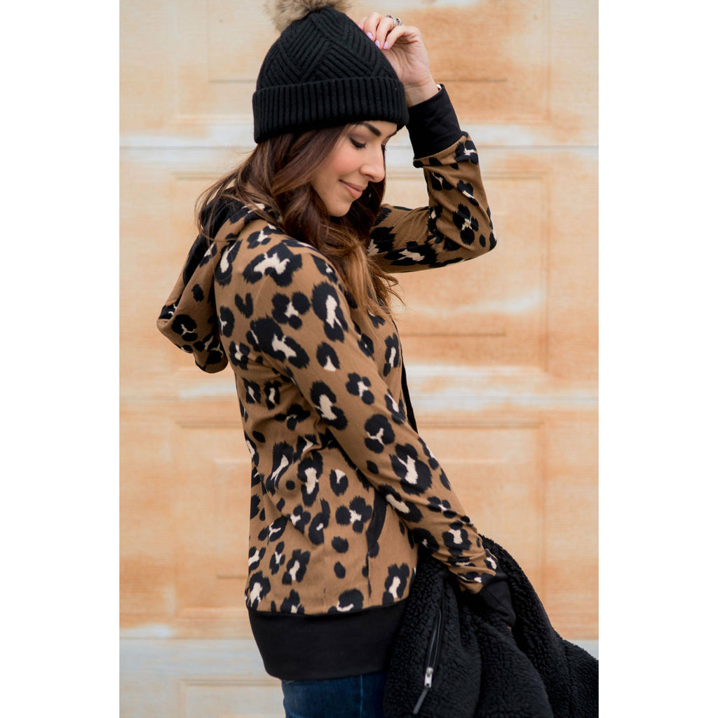 Solid Trim Leopard Print Hoodie - Betsey's Boutique Shop