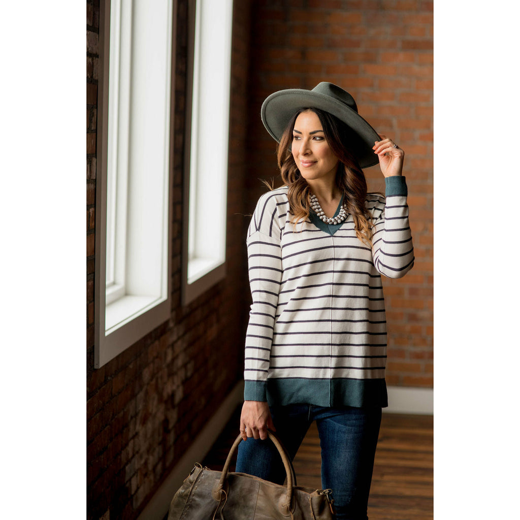 Striped Colored Trim V-Neck Sweater Tee - Betsey's Boutique Shop - Outerwear