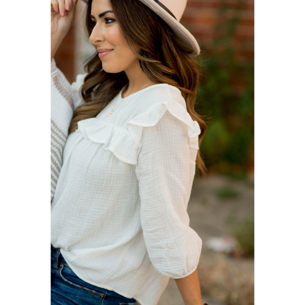 3/4 Sleeve Gauze Ruffle Blouse - Betsey's Boutique Shop