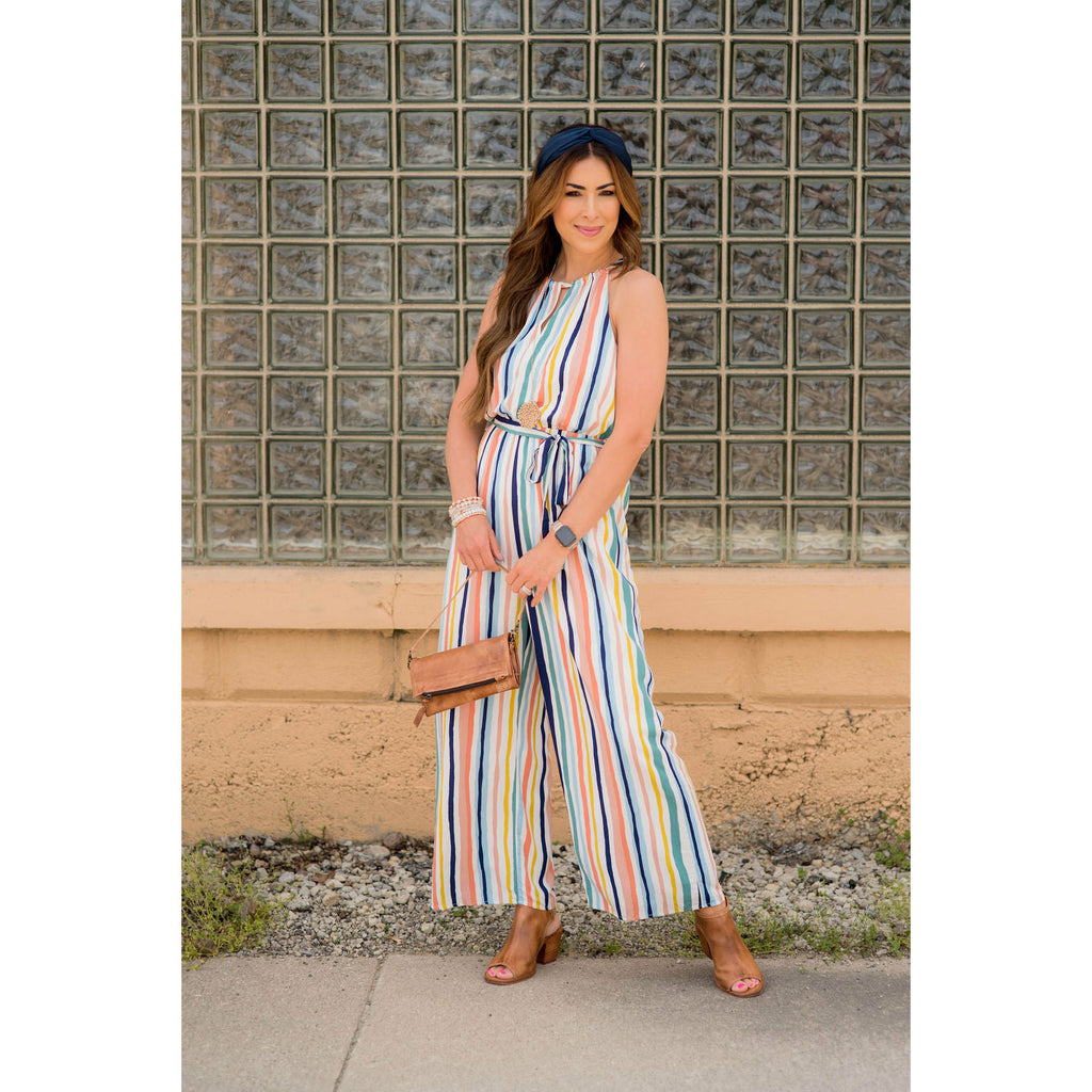 Multi Colored Striped Tie Halter Jumpsuit - Betsey's Boutique Shop