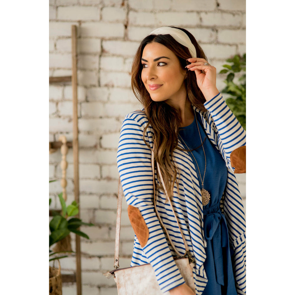 Striped Waterfall Elbow Patch Cardigan - Betsey's Boutique Shop