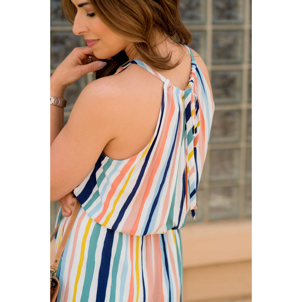 Multi Colored Striped Tie Halter Jumpsuit - Betsey's Boutique Shop