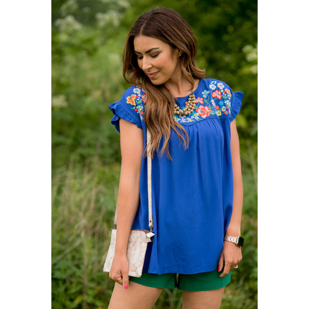 Embroidered Floral Bib Tee - Betsey's Boutique Shop