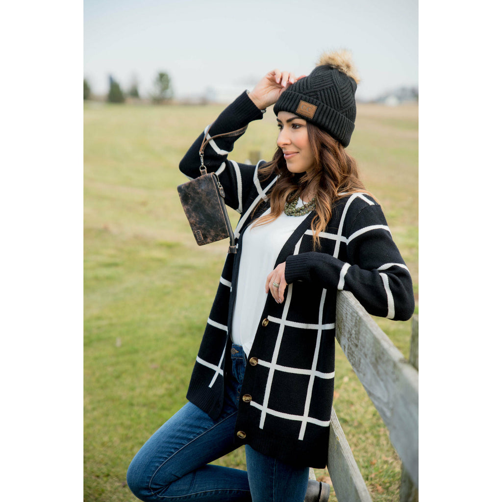 Black/White Button Grid Cardigan - Betsey's Boutique Shop - Coats & Jackets