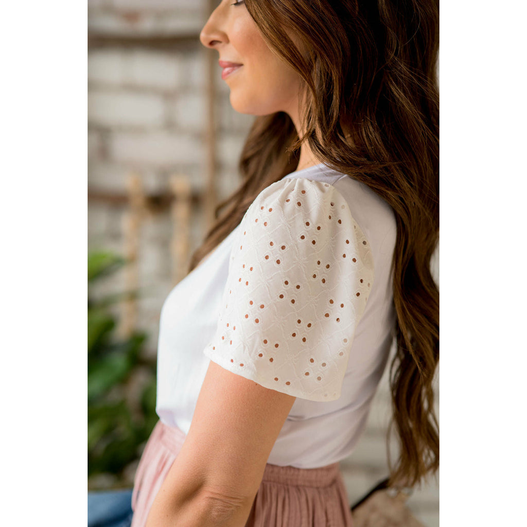 Detailed Eyelet Sleeve Tee - Betsey's Boutique Shop - Shirts & Tops