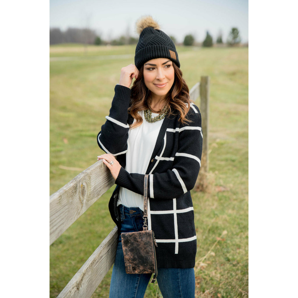 Black/White Button Grid Cardigan - Betsey's Boutique Shop - Coats & Jackets