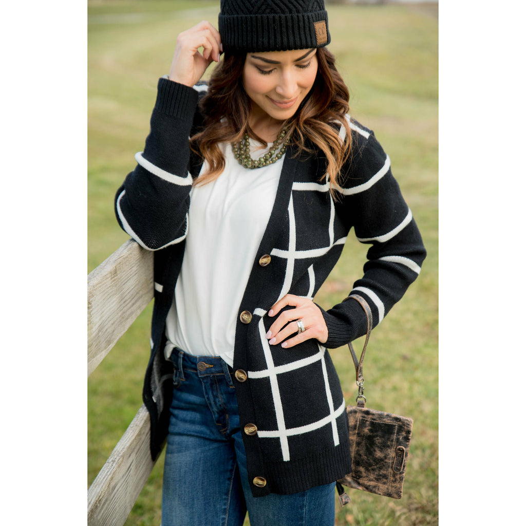 Black/White Button Grid Cardigan - Betsey's Boutique Shop - Coats & Jackets