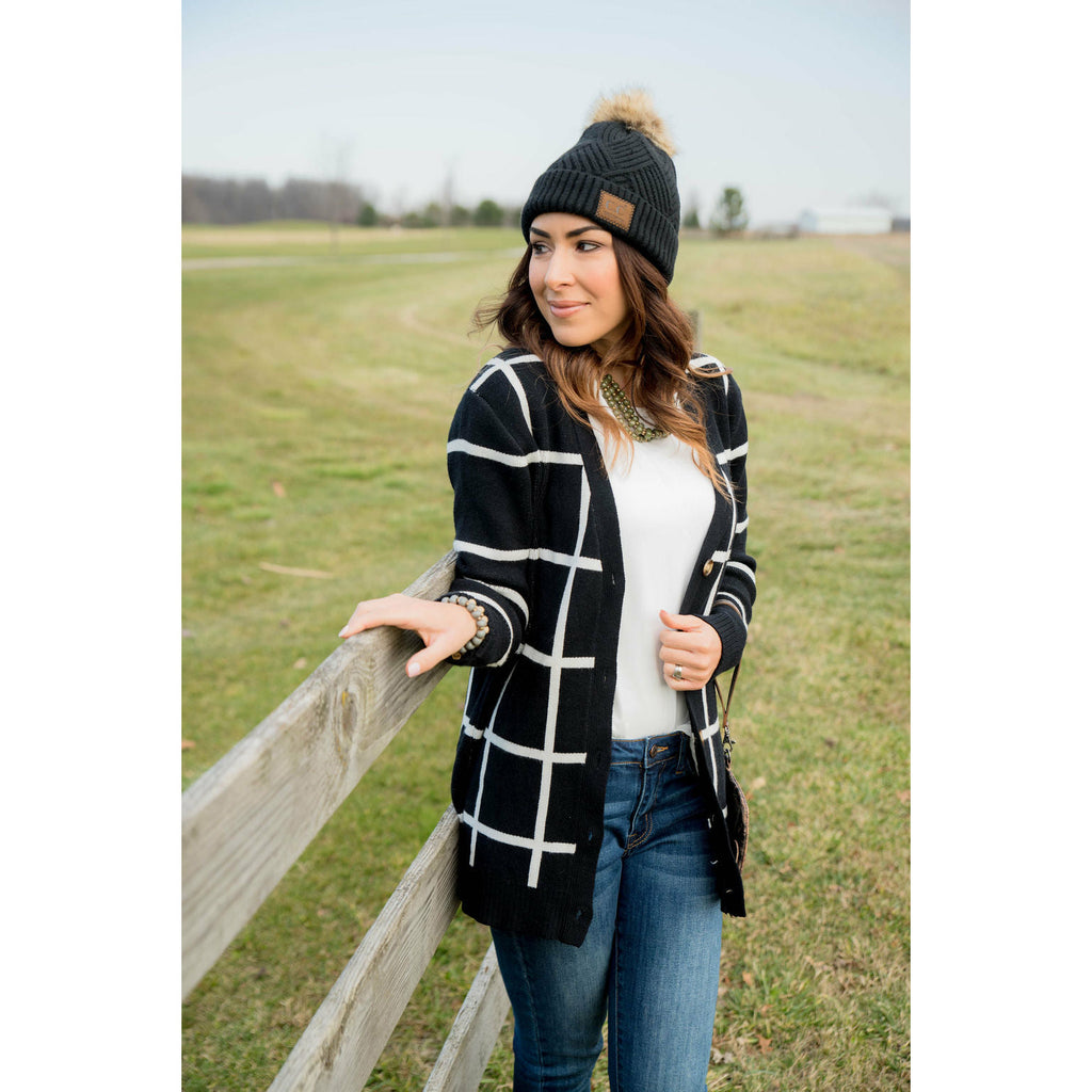 Black/White Button Grid Cardigan - Betsey's Boutique Shop - Coats & Jackets