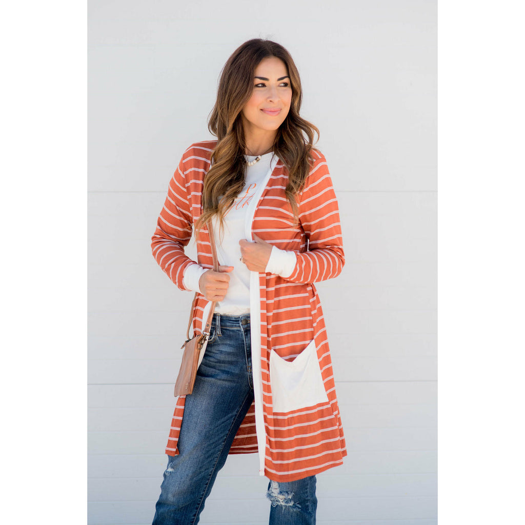 Triple Striped Pocket Tunic Cardigan - Betsey's Boutique Shop