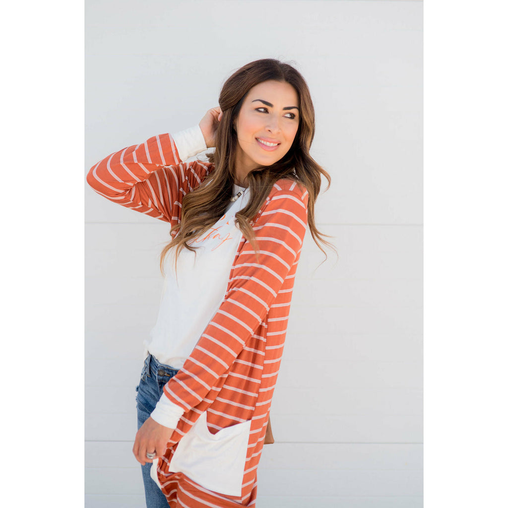 Triple Striped Pocket Tunic Cardigan - Betsey's Boutique Shop