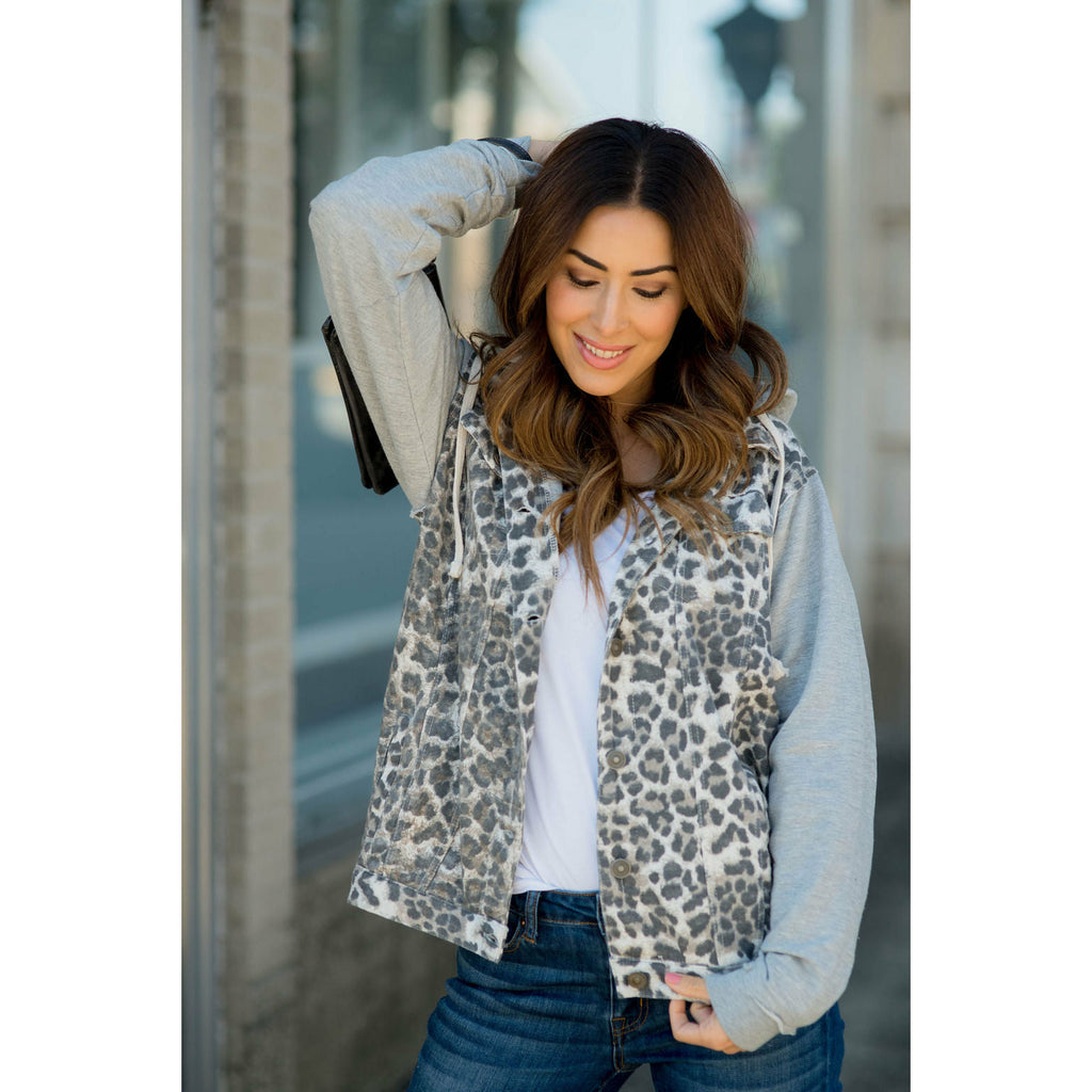 Leopard Denim Sweatshirt Jacket - Betsey's Boutique Shop